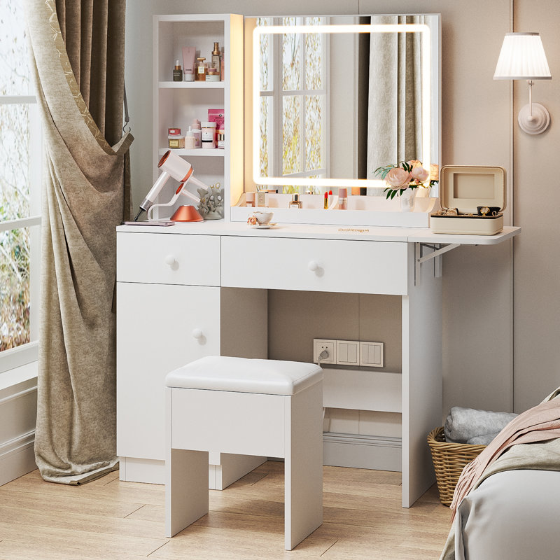 Meuble-lavabo avec miroir DEL Cradere, Blanc