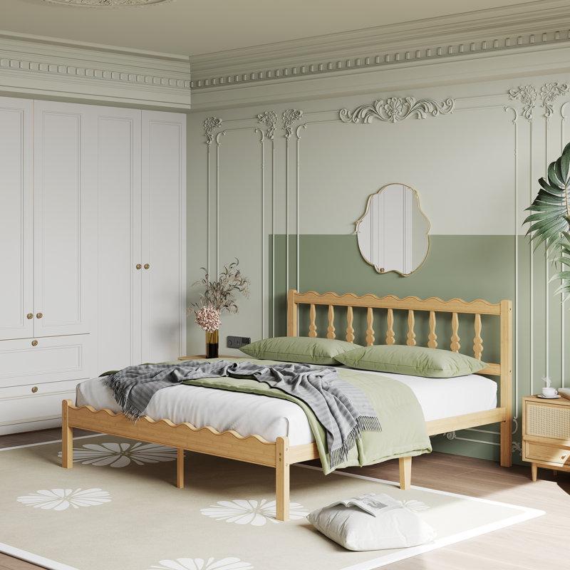 Solid Wood Bed Frame with Wavy Headboard, No Box Spring Needed, Bamboo&Metal, King, 12"