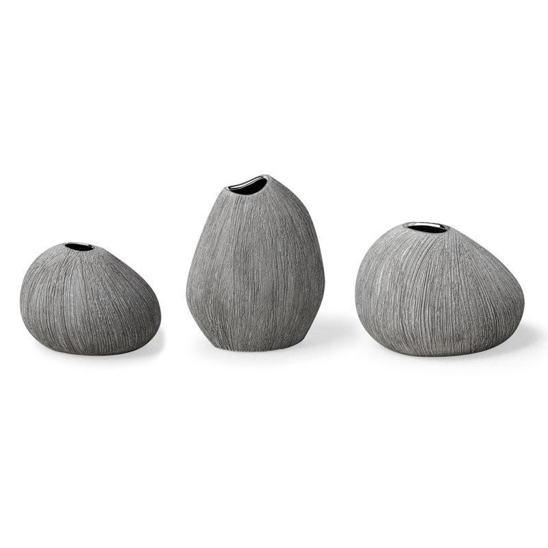 Pebble Grove Textured Gray Ceramic Bud Vase Set of 3 with Silver Rim