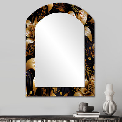 Golden Lily Flower Glam On Black II - miroir mural décoratif asymétrique Lily