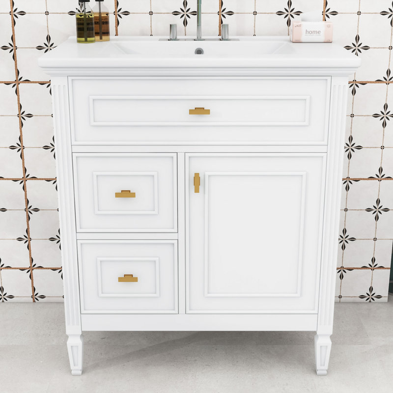 Meuble-lavabo en bois avec trois tiroirs, tablettes et poignée en métal, Blanc