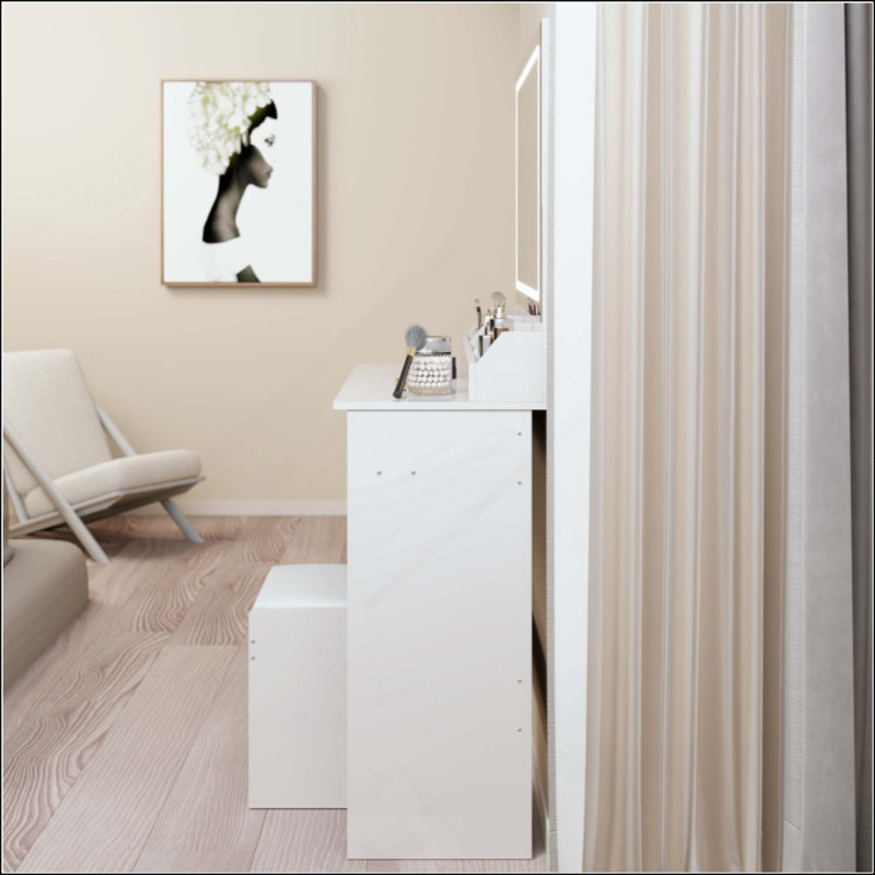 Ensemble de coiffeuse avec miroir à DEL et ensemble de tabourets à coussin souple, interrupteur tactile, 3 couleurs, luminosité réglable, capacité de rangement, coiffeuse compacte convenant aux petits espaces