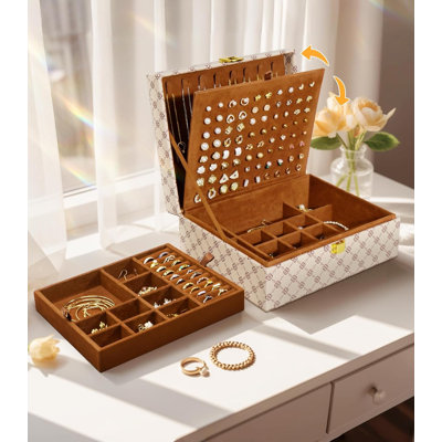 4 Layer Leather Jewellery Box Organizer For Women - Travel Earring Holder Case With 80+ Slots For Studs, Hoops, Dangles, Necklaces, Rings & Bracelets