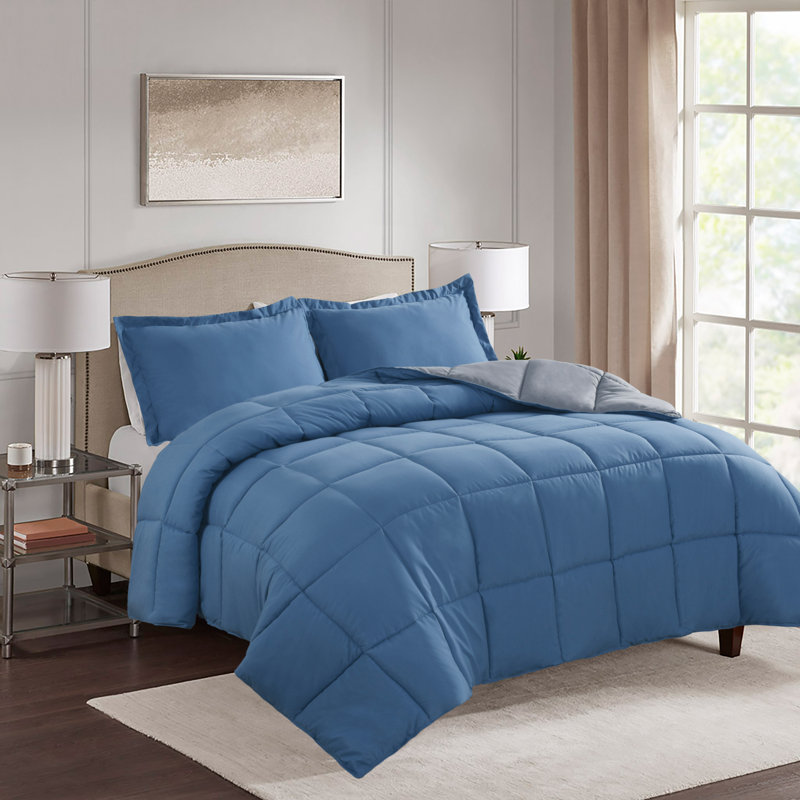 3pc Comforter Set - All Season Reversible Down Alternative Comforter with Two Shams - Breathable, Soft, Fluffy, Dusty Blue