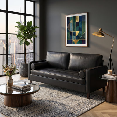 74" Mid-Century Modern Faux Leather 3-Seater Sofa with Tufted Cushion & Solid Wood Legs