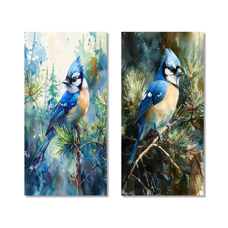 «Blue Jay parmi les pins II», ensemble de 2 impressions murales en métal grand oiseau, 40" H x 40" W