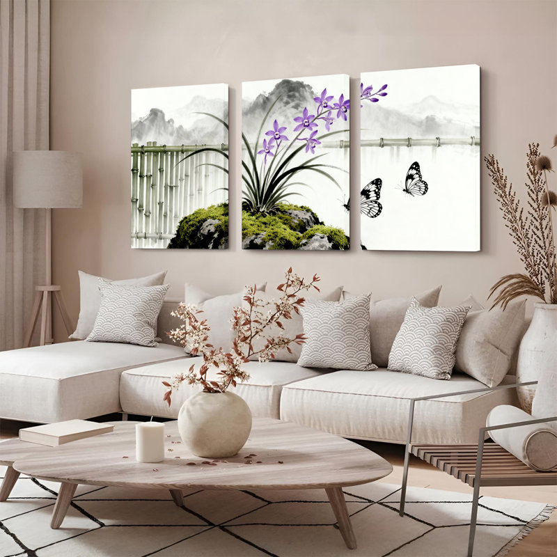 Orchidée mauve et paysage de bambou, art mural de peinture à l'encre de Chine (ensemble de 3), H 18 po x l 36 po