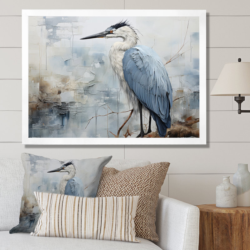 «Blue Great Heron In Miminal Harmony I», art mural héron, H 34 po x l 44 po x P 1,5 po, Cadre simple blanc