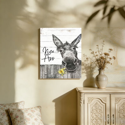Grey Funny Donkey Sunflower Canvas Print Built-in Back Wood Frame Wall Art,36" x 24" Home Accent