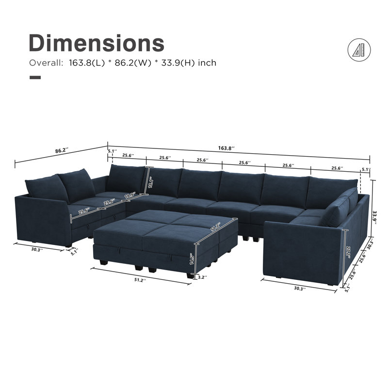 Canapé modulaire rembourré en velours avec repose-pieds Tremee, Velours bleu