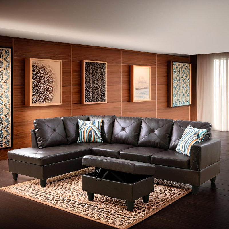 Ensemble de canapé modulaire en cuir 3 pièces avec méridienne et repose-pieds avec rangement Monaco, Similicuir brun
