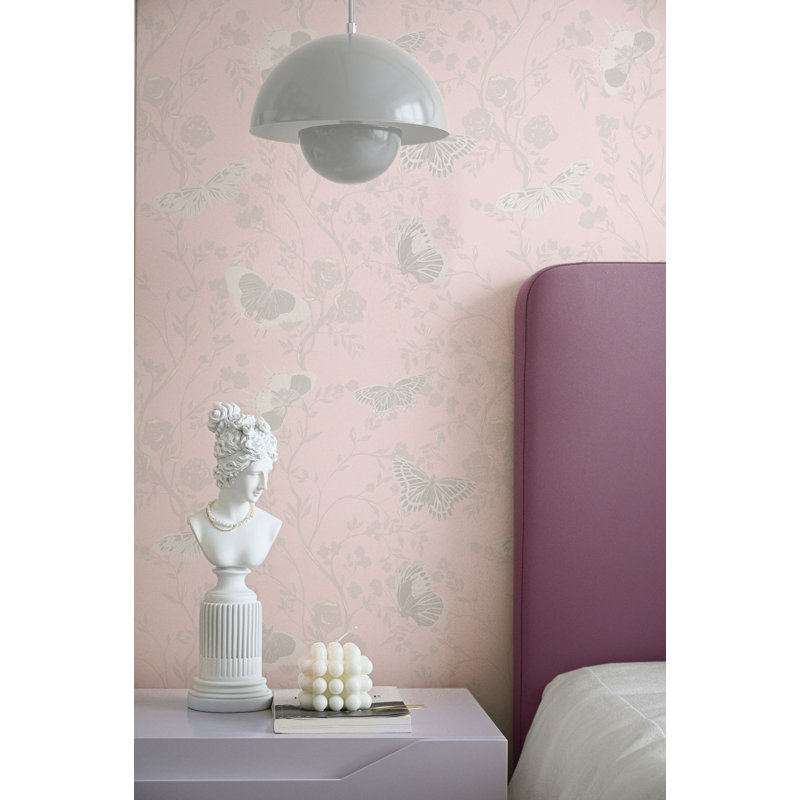 Butterflies in Bloom 33' L x 20.5" W  Wallpaper Roll, Pink
