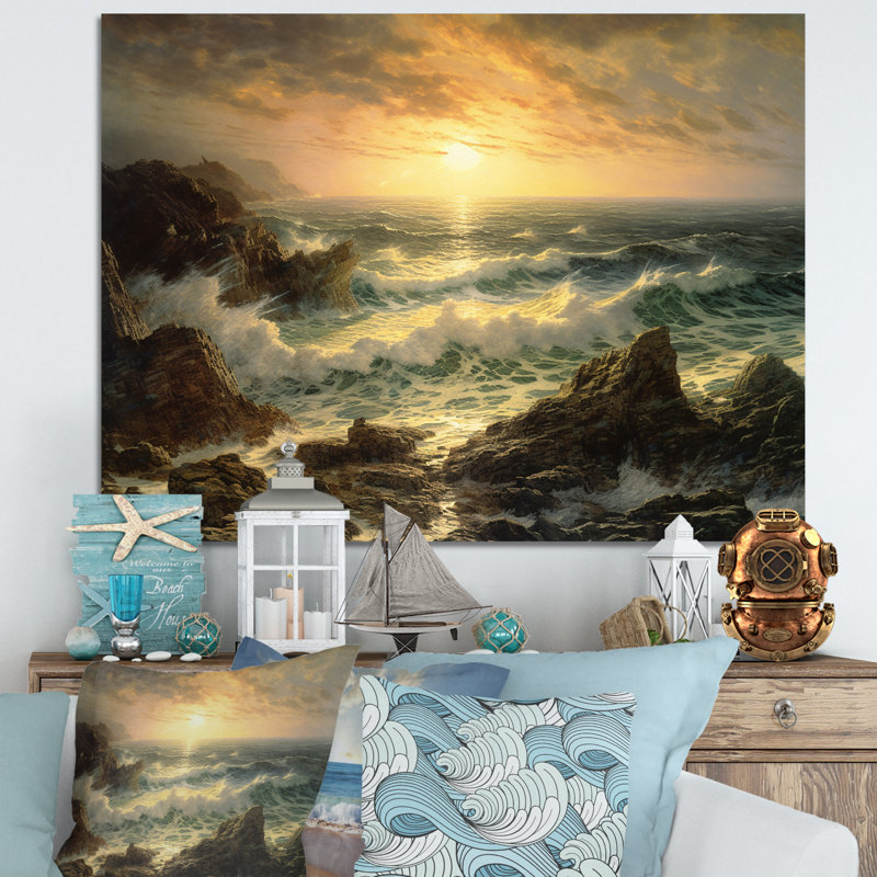 «Wild Ocean with Breaking Waves Golden Hour», reproduction, H 12 po x l 20 po x P 1 po, Toile tendue