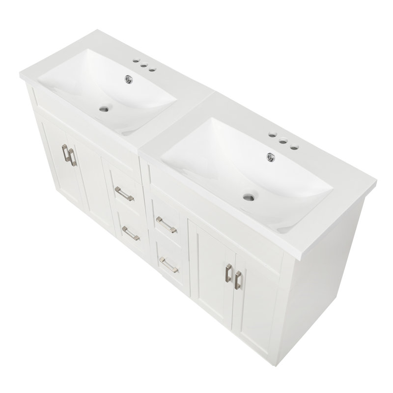 Double meuble-lavabo moderne de 60 pouces avec comptoir en résine intégré, grand meuble-lavabo avec 4 tiroirs cachés à fermeture en douceur et tablettes réglables
