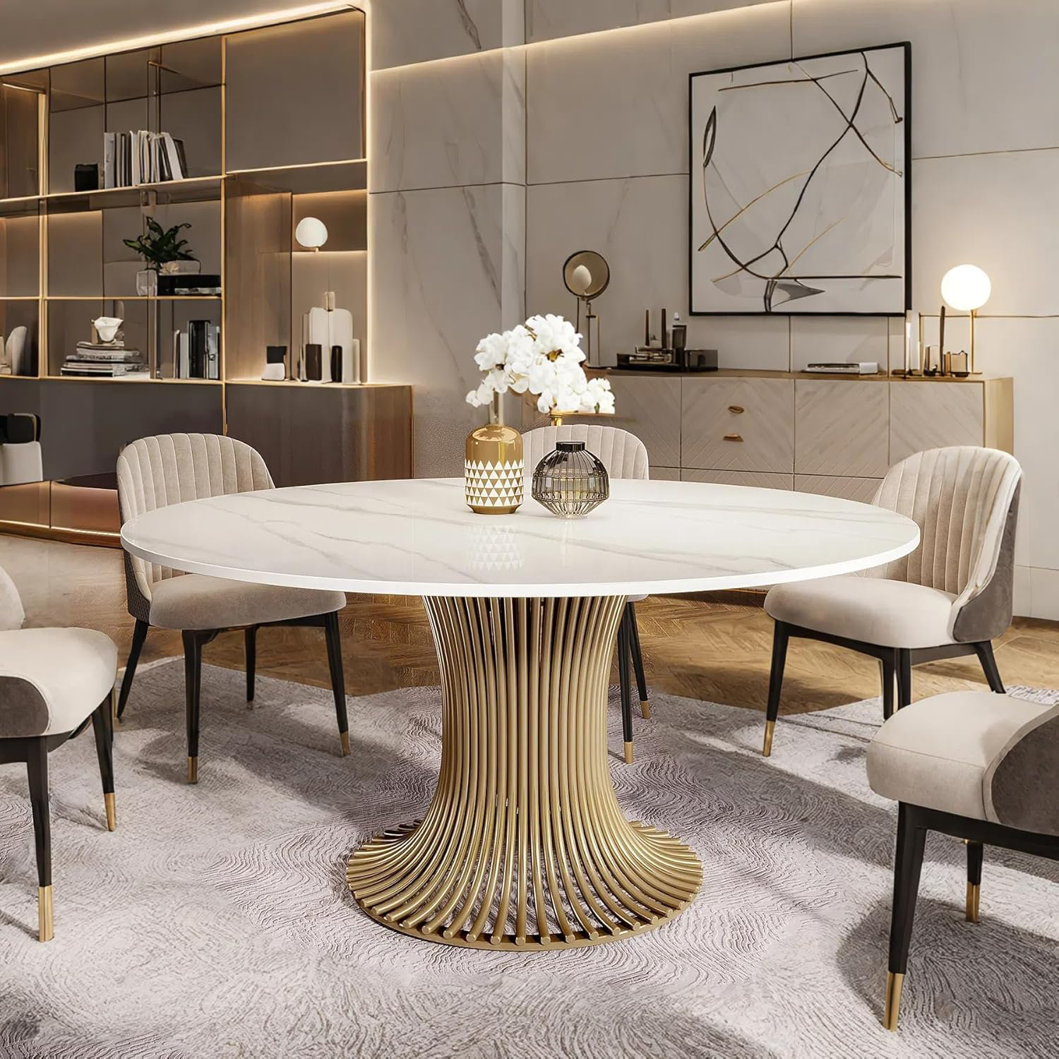 Mercer41 Modern 59" Sintered Stone Round Dining Table With Gold ...