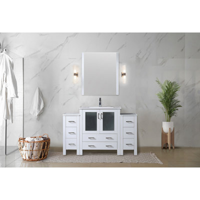 Harborfront 54 in W x 18.25 in D Single Bath Vanity with Side Cabinets, White Ceramic Top and 28 in Mirror
