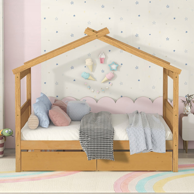 Maison en bois avec tiroirs, toit en ciel fantaisiste et construction en pin robuste pour les chambres à coucher, Lit double
