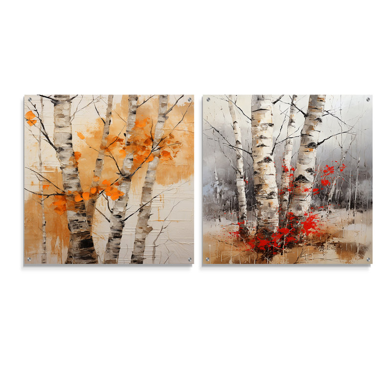 «Orange Brich Wood In Winter III - Tree Birch», ensemble de 2 peintures murales en acrylique, H 16 po x l 33 po