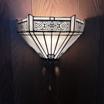 Tiffany Sconces Half Moon White Stained Glass Pull Chain Switch LED Bulb Included 12"W*6"D*7"H