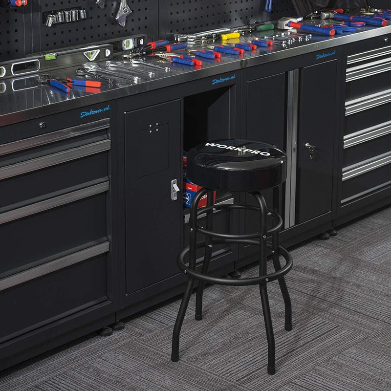 Tabouret de garage W112003, tabouret de garage robuste en acier, siège à coussin pivotant, pieds et repose-pieds thermolaqués noirs (paquet de 1)