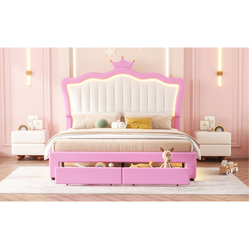Full Size Upholstered Platform Bed With Led & Storage, Pink White Modern Style Headboard Pink+white