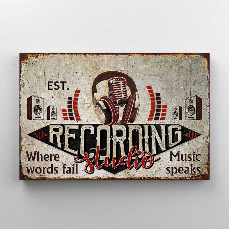 A Microphone In Recording Studio - Recording Studio Where Words Fall Music Speaks - 1 Piece Rectangle Graphic Art Print On Wrapped Canvas