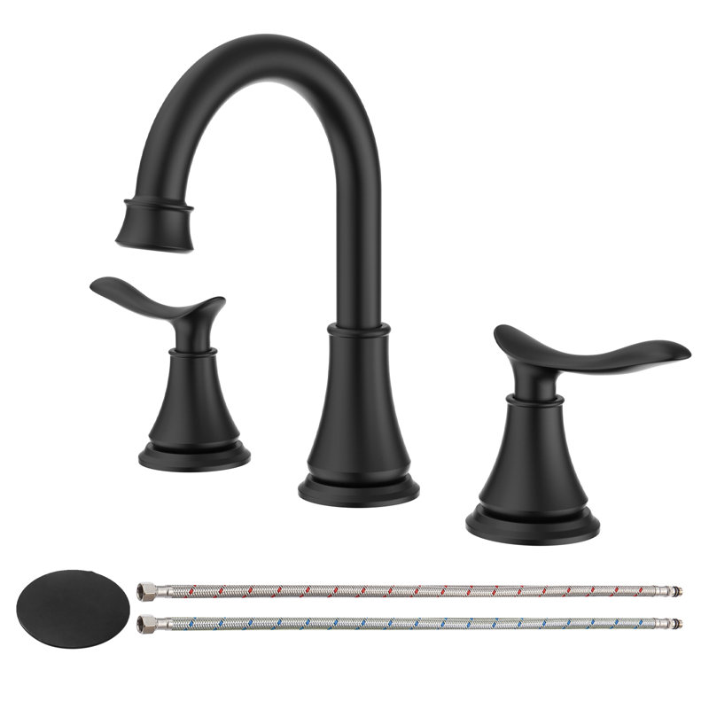 8 Inch Widespread 2-Handle Bathroom Sink Faucet with Pop Up Drain and Supply Hoses, Matte Black