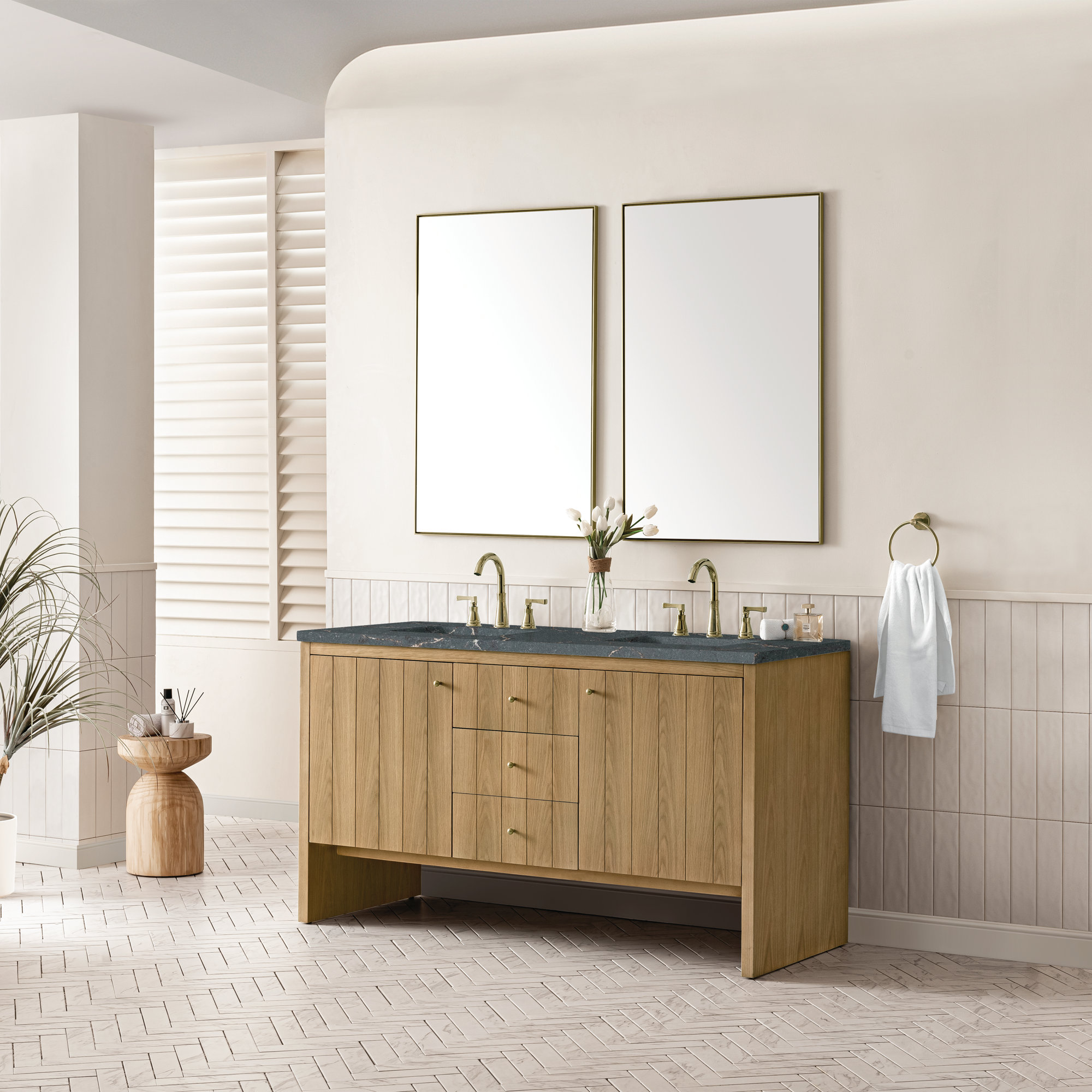 Hudson 60'' Double Bathroom Vanity, Parisien Bleu, 8" Widespread, Honey Brown