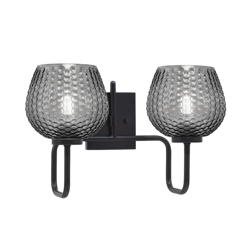 Barre d'éclairage de salle de bain 2 lumières Amarmula, finition noir mat, verre texturé fumée 6 po, Noir, Transparent/noir