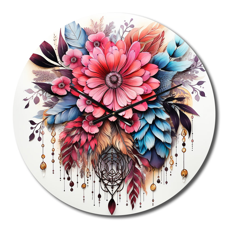 Horloge murale fleurs de bohème rouge et plumes bleues II, Petit