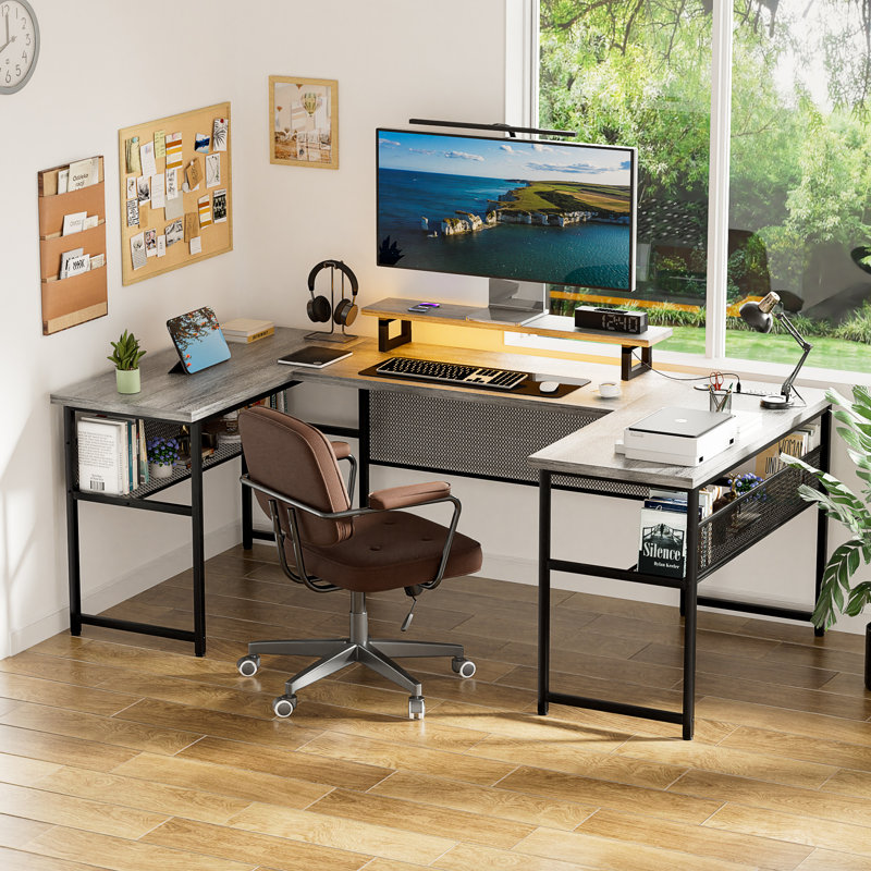 Manasa 83" U-Shape Computer Desk with LED Light Strip and Sockets, Light Walnut/Black