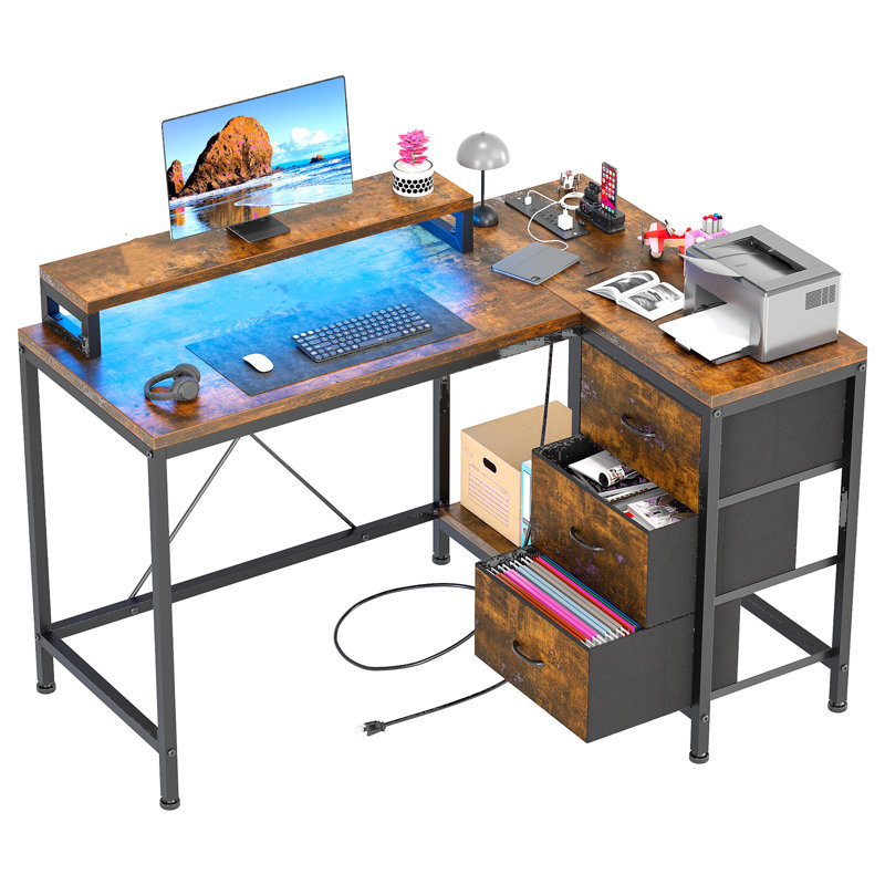 Shieh L-Shaped Computer Desk with Power Outlet, Brown/Black