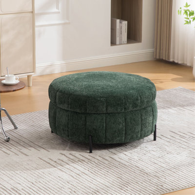 31.3"W Upholstered Round Ottoman With Reversible Lid, Chenille Storage Stool, Channel Tufted Pumpkin-shape Footstool for Living room, Bedroom and Office