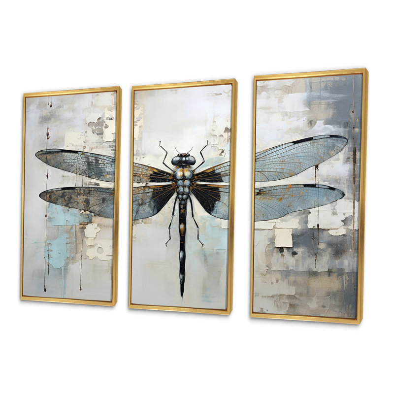 «Dragonfly Delight IV», ensemble d'art sur toile, Cadre flottant doré, H 28 po x l 36 po