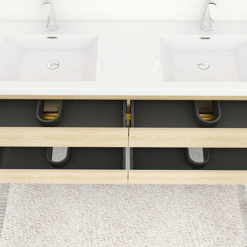 72" Modern Wall-Mounted Bathroom Vanity Set, With Double Integral Stone Resin Sinks, 72", Natural Oak