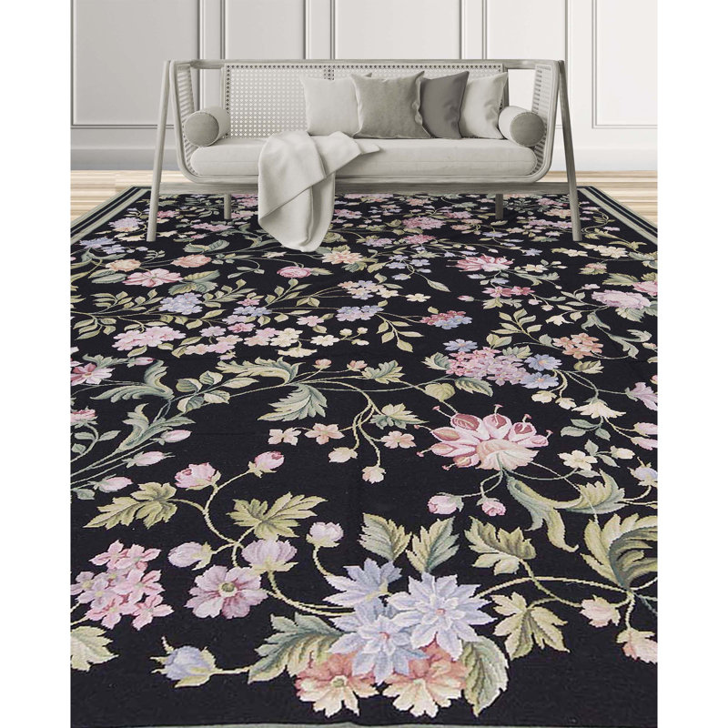 Hand-Knotted High-Quality Black and Light Green Area Rug