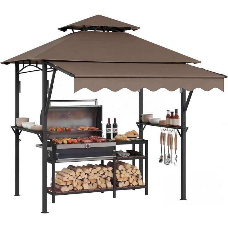 8x5 ft Grill Gazebo with Extra Large 7x3 ft Awning, 2-Tier BBQ Gazebo with Shelves, Hooks & LED Lights, Metal Frame Outdoor Grill Canopy for Backyard Garden Poolside