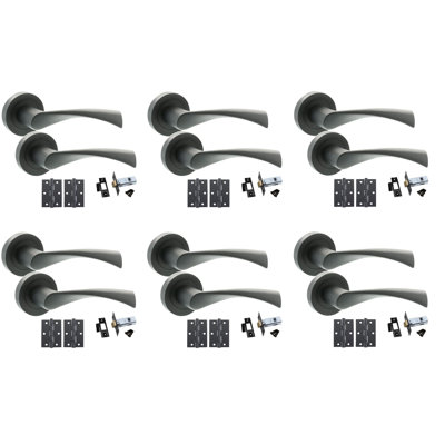  6 Sets Astrid Twist Design Bathroom Door Handles on Round Rose in Matt Black Finish with Ball Bearing Hinges & 64mm Tubular Latch