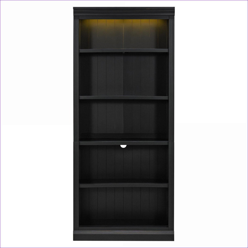 Bibliothèques | Organisateur de rangement autoportant moderne à 5 niveaux avec bande lumineuse à DEL, tablettes réglables pour le bureau à domicile | Noir | Bois massif et panneau de fibres à densité moyenne