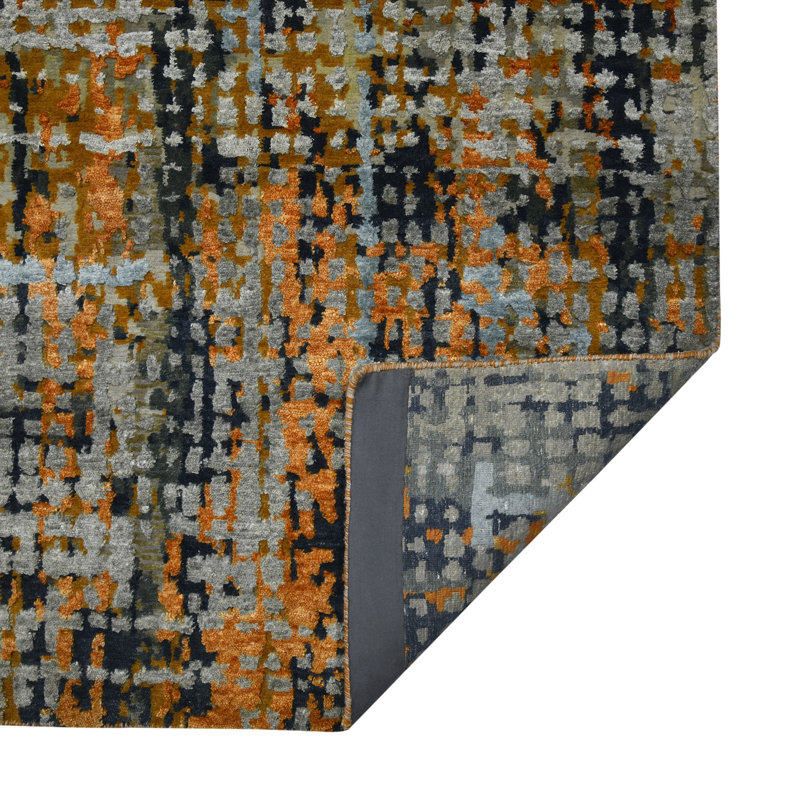 Gray Abstract Hand-Knotted Wool and Silk 9'x12' Rug