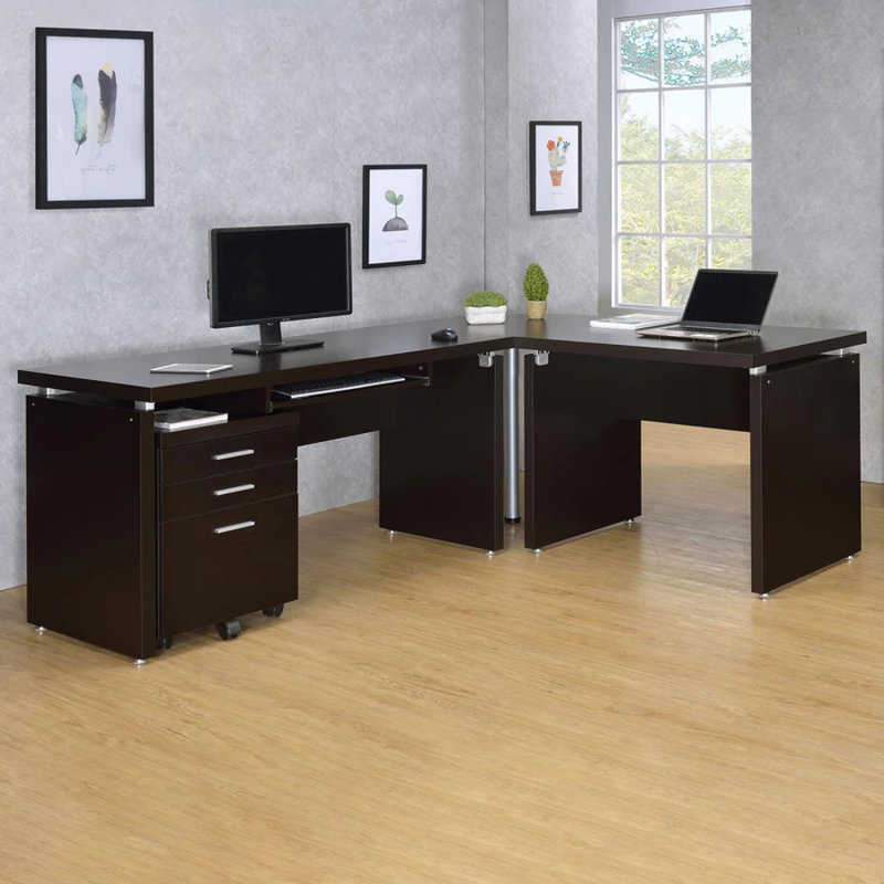 Skylar L-Shape Desk with Mobile File Cabinet Cappuccino