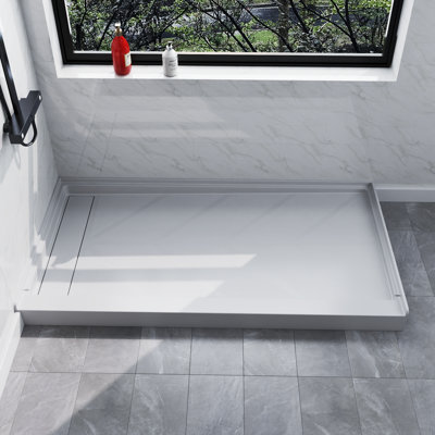 Base de douche 60 po x 32 po Aclove avec drain à gauche, couvercle de drain linéaire en composite solide, surface brillante et antidérapante