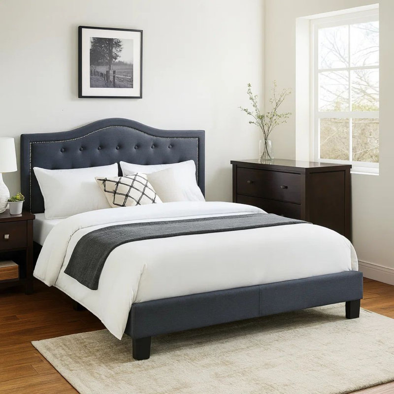Upholstered Platform Bed, Full, Charcoal Gray