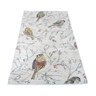 4'x6' Chiffon White, Sparrows on the Tree, Peshawar, 100% Soft Wool, Lush and Plush, Hand Knotted, Oriental Rug