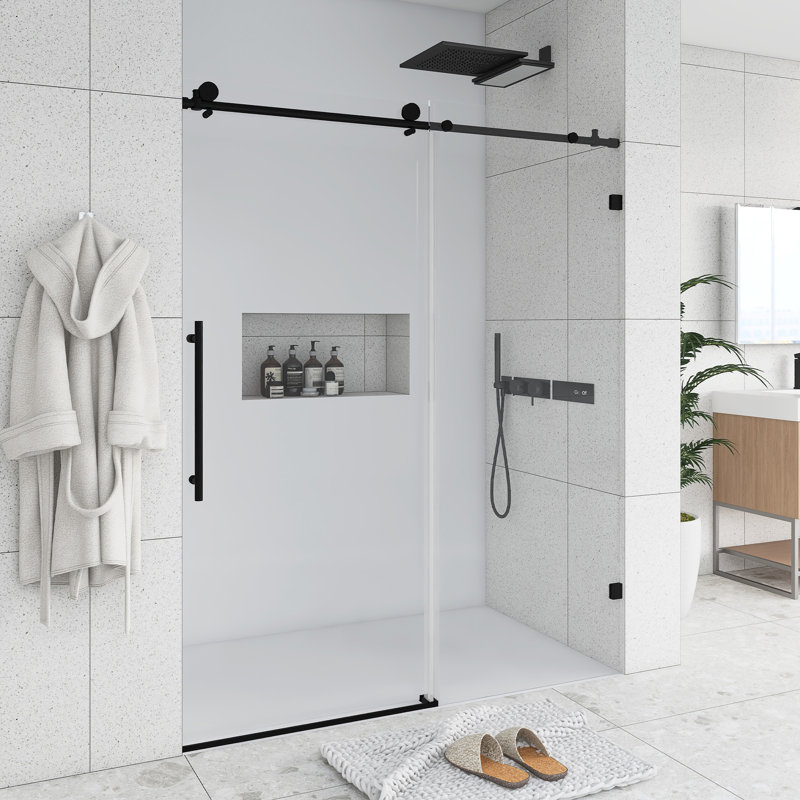 60 po X P 74 po H Porte de douche coulissante semi-sans cadre au fini noir, Noir mat