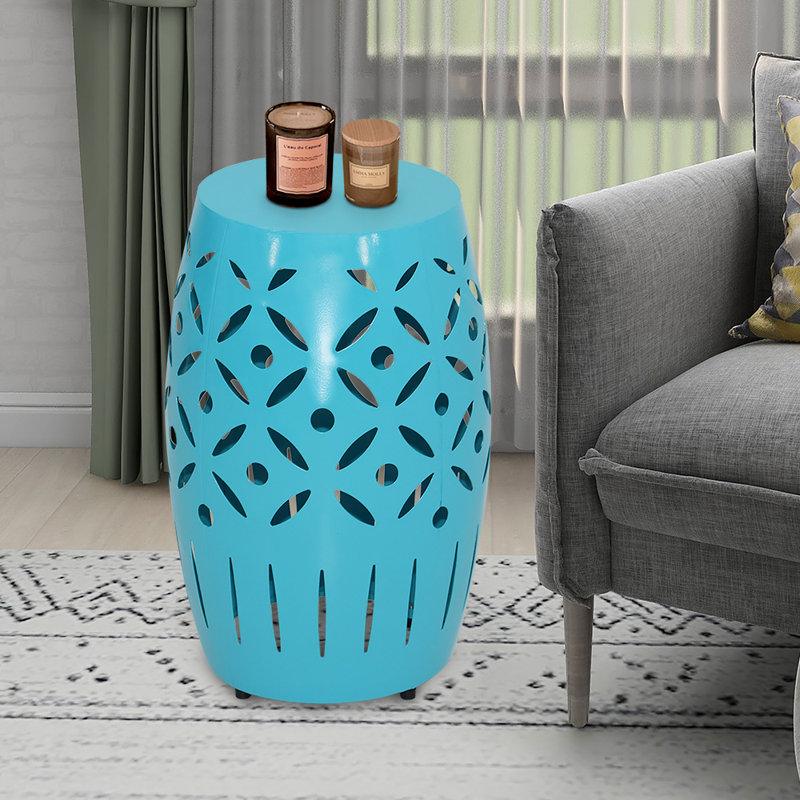 18.31" Tall Geometric Cut Iron Drum End Table, Teal