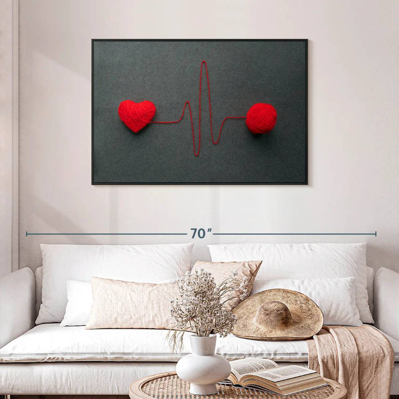 Red Wool Heart Line, Floating Frame Black, 43" X 29"