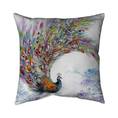 Colorful peacock with flowers - 20"x20" Throw pillow cover - Poly twill - Print on demand