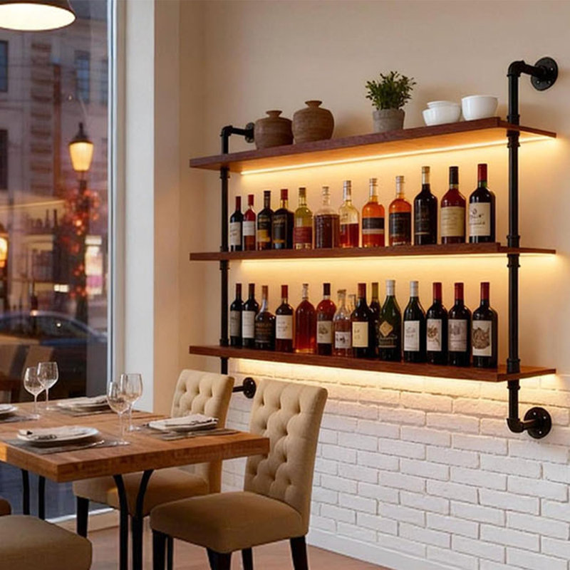 Support à vin moderne de 47,2 po à fixation murale avec lumières à DEL, étagères flottantes à 3 niveaux pour boissons alcoolisées, support à vin mural en métal rustique pour la maison, le restaurant, le bar commercial et la cuisine