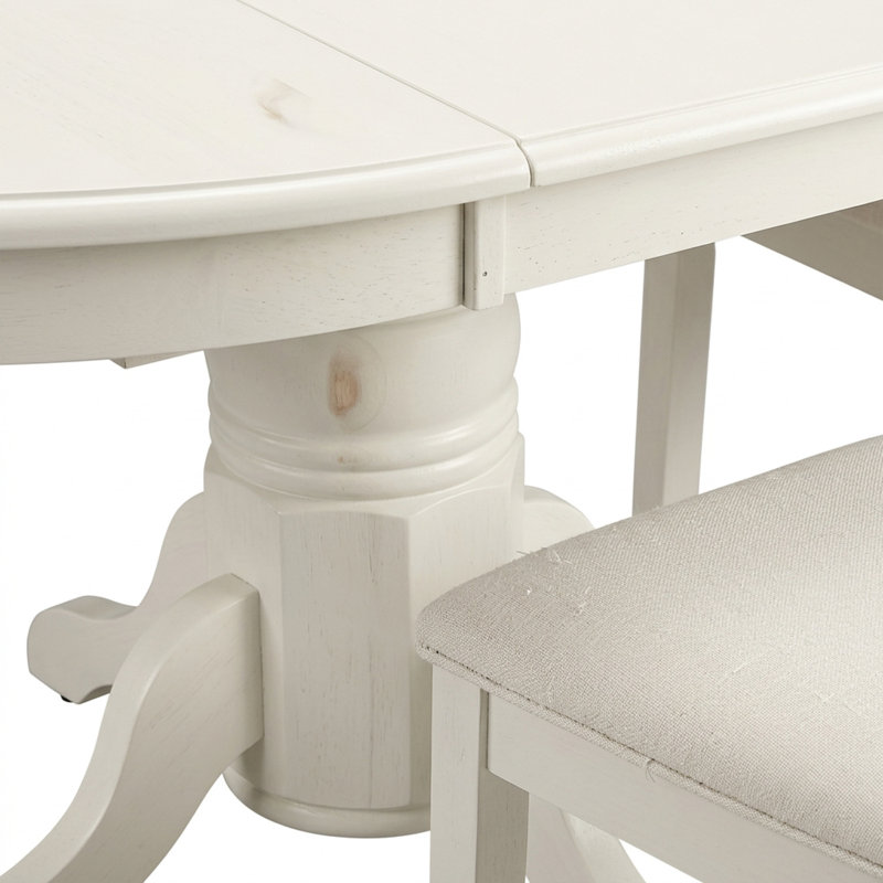 Ensemble de salle à manger ovale 5 pièces en hévéa massif blanc lin avec chaises à dossier croisé en forme de feuille de papillon et piètement central